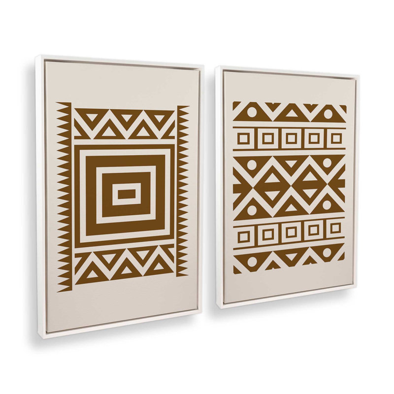Ensemble de 2 motifs tribaux modernes en brun Moderen, Cadre flottant blanc opaque, H 19 po x l 26 po