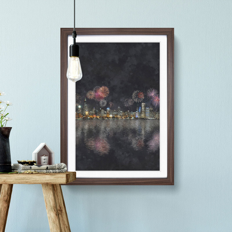 Fireworks Above the Chicago - Picture Frame Painting Print, Walnut Framed, 33cm H x 24cm W x 2cm D