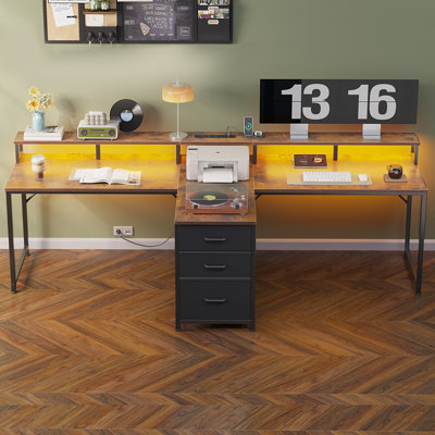 Computer Desk With 2-tier Fabric Drawers,gaming Desk With A File Cabinet, 2 Person Home Office Desk With Power Outlet & Led Light, Long Writing Desk With Monitor Stand, Home Office Desk With Storage Shelves
