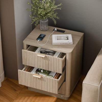 Curved Night Stand With Charging Station Lighting, Wood End Table With 3 Drawers