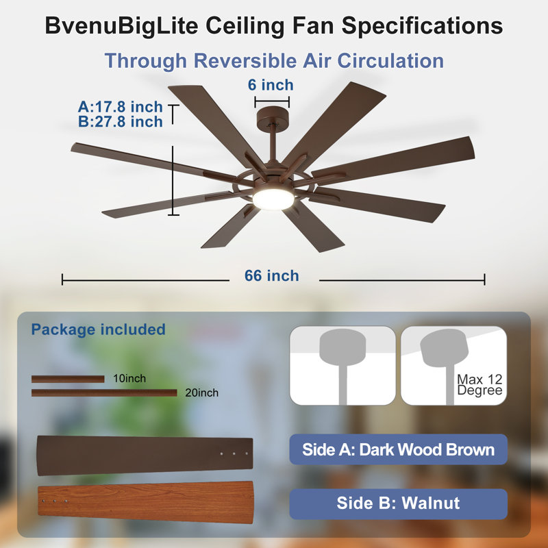 66 inch 8-Blade Ceiling Fan with LED Light Remote Control Reversible Two-tone Fan Blades Brown & Wood Grain Brown Fan Body
