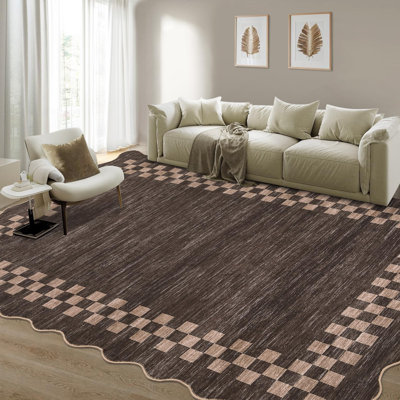 Tapis moderne à motif géométrique drapeau, 2,4 x 3 m, brun, pliable, lavable, en velours perle avec envers antidérapant en TPR, idéal pour le salon, la chambre, la salle à manger, un appartement ou toute autre pièce de décoration.