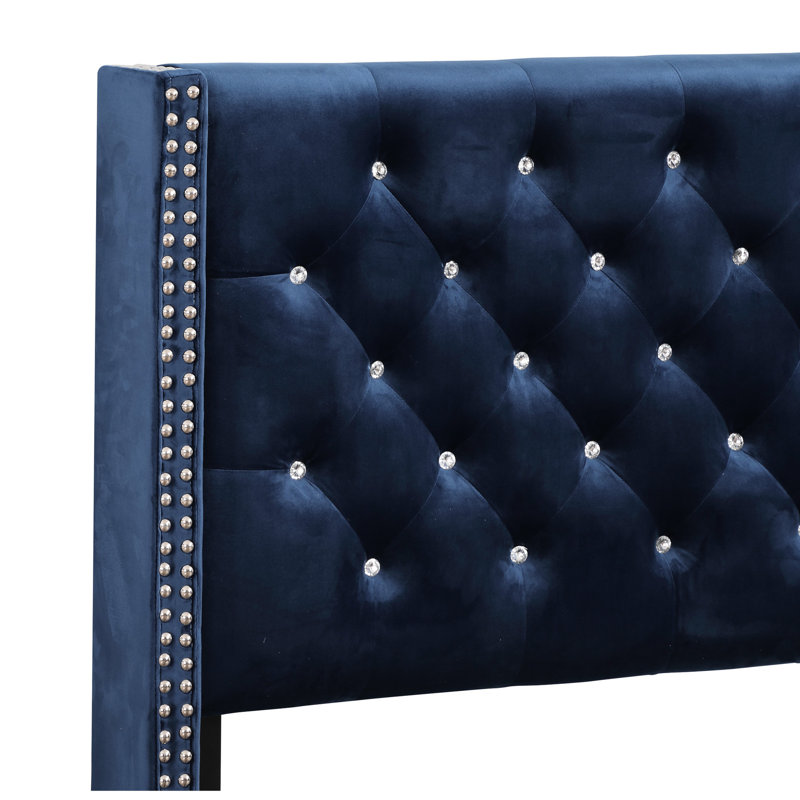 Spacious Navy Blue Upholstered Bed With Built-in Side Tables 65 In. Width For Ample Space