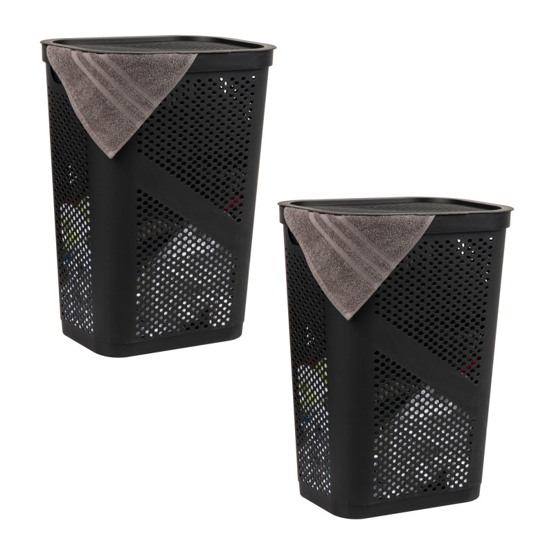  60L Slim Laundry Hamper, Clothes Basket, Lid, Ventilated, Plastic, 17.25"L x 13.75"W x 23.5"H, 2-Pack, Black
