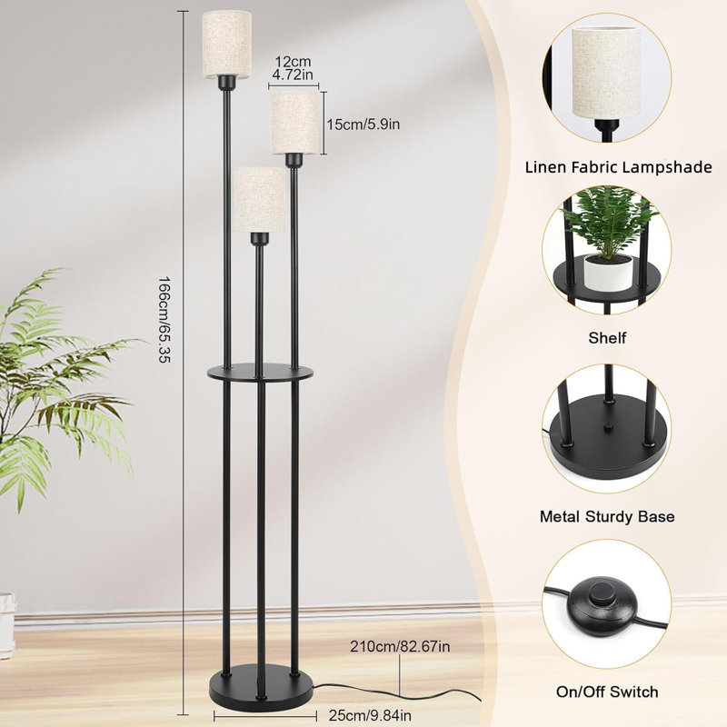 Modern Floor Lamp With Shelves, 3-Light LED Standing Lamp For Living Room & Bedroom, 66" Tall With Fabric Shade & Foot Switch, Industrial Style Table Lamp For Office Decor