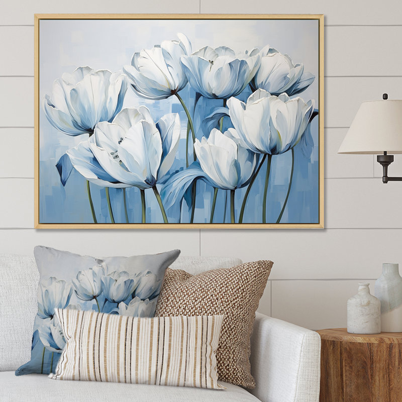 Minimalisme, tulipes bleues et blanches, coups de pinceau I sur toile, Cadre flottant blanc, H 24 po x l 32 po x P 1 po
