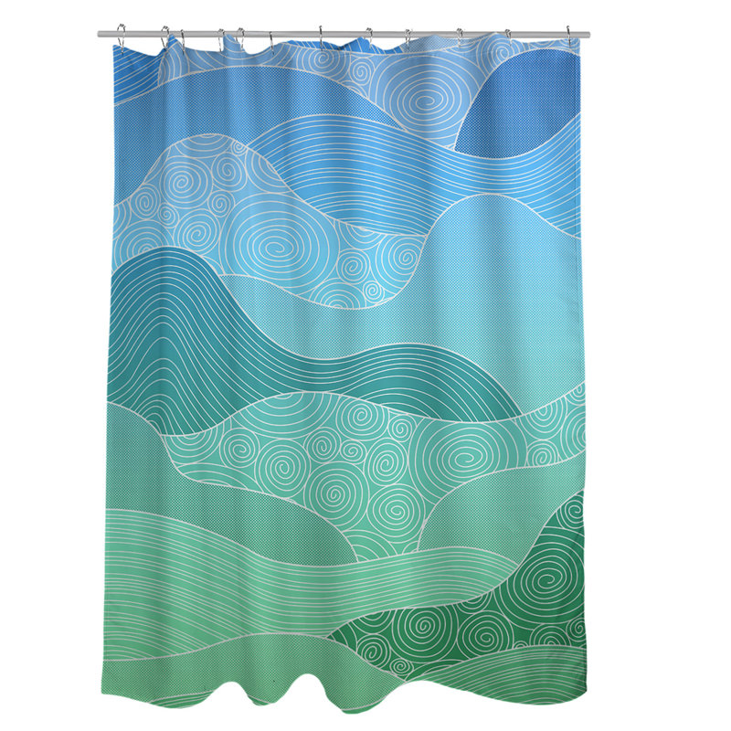 Rideau de douche simple à vagues dessiné à la main Classic, Bleu / Vert