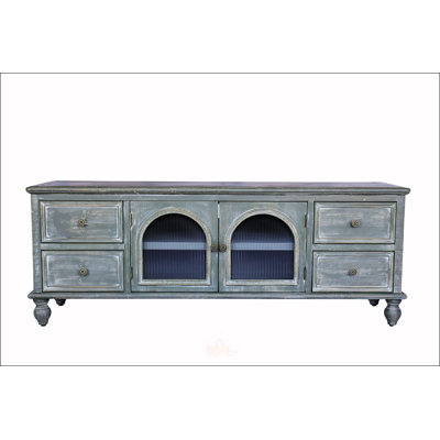 Rustic Farmhouse TV Stand with 4 Drawers, 2 Glass Doors, and Distressed Wood Finish for Versatile Home Entertainment