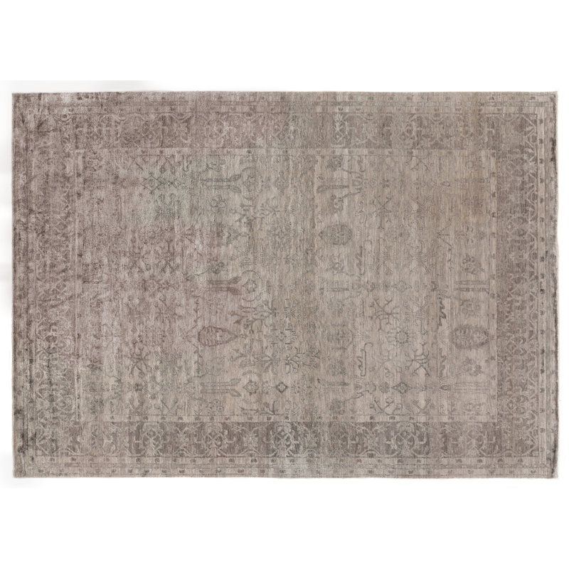 Antique'd Silk Oriental Area Rug in Taupe, Rectangle 6' x 9'
