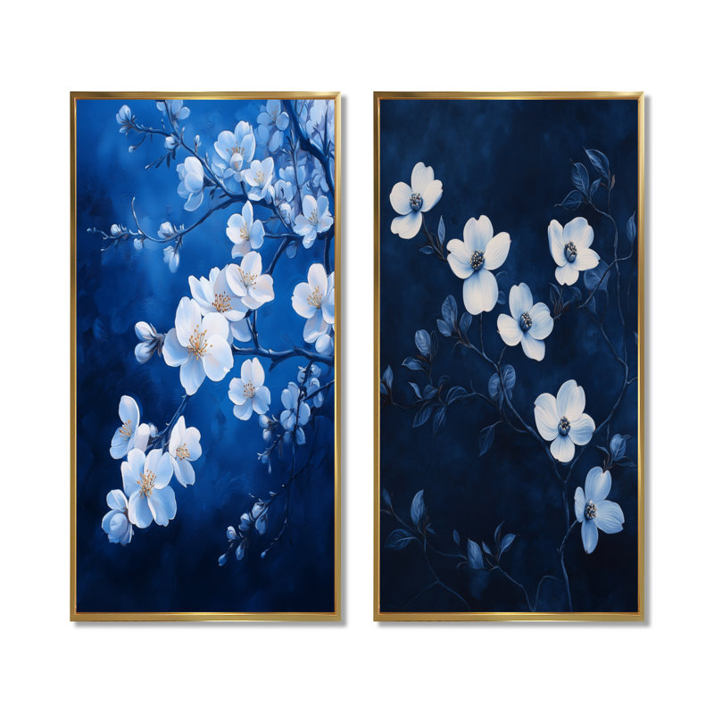 Verger de fleurs de pommiers indigo Nuit IV - Décoration murale 2 pièces Fleurs de cerisier, 40" H x 40" W