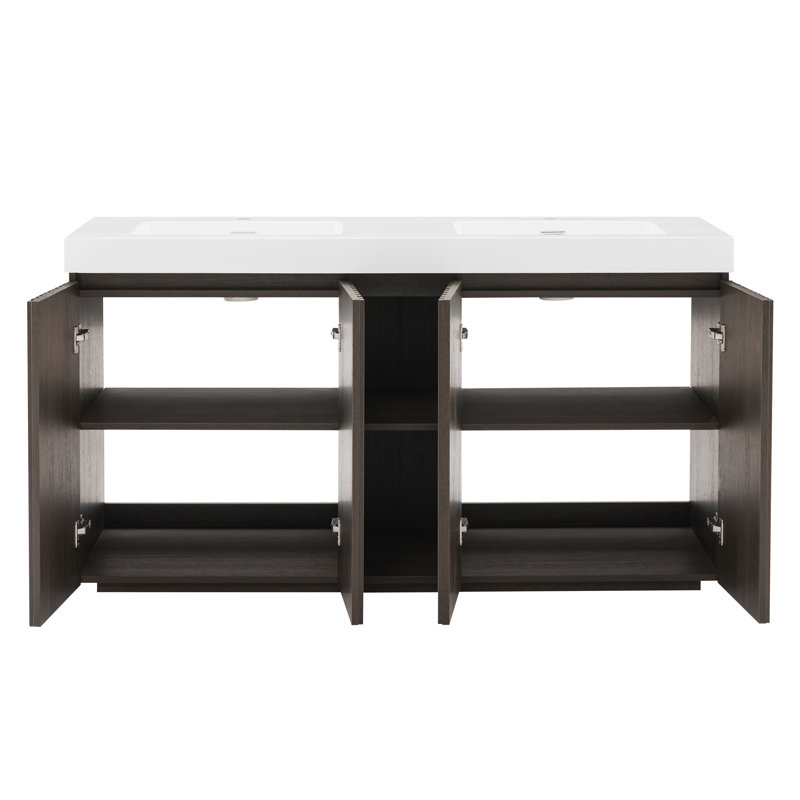 Meuble-lavabo double 60 po avec plateau à surface solide, brun chêne fumé 60 po , 60", Blanc / Brun foncé, Monotrou