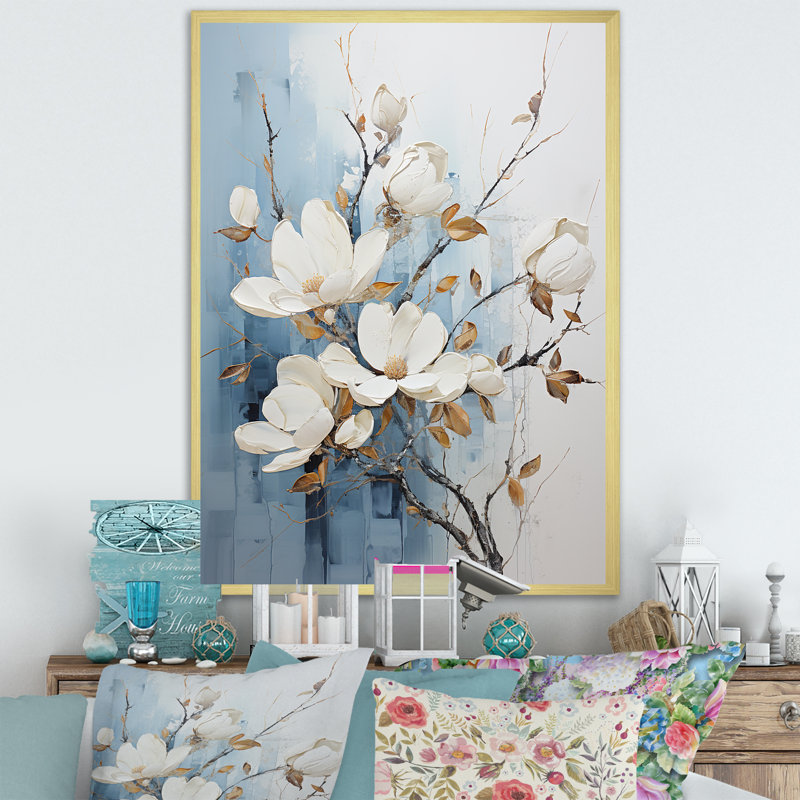 «Magnolias I» bleu et doré sur toile, Cadre doré simple, H 40 po x l 30 po x P 1,5 po