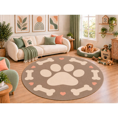 Tapis rond « Ultra fin » 1,83 m x 1,83 m à motifs de pattes de chien, os et cœurs, couleur taupe, décoration minimaliste pour chambre d'animal de compagnie, dos en silicone antidérapant, poils courts.