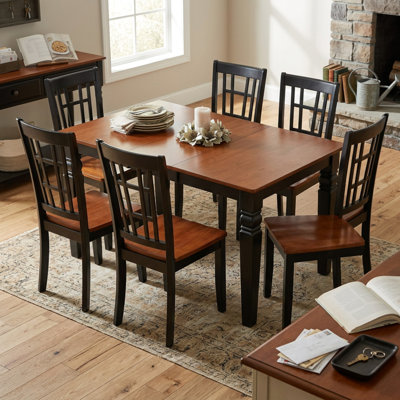 Buttermilk Asian Wood Rectangular Dining Table Set With Butterfly Leaf And 6 Dining Chairs