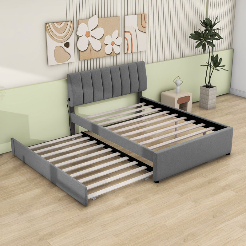 Lit plateforme tapissier avec tête de lit et lit gigogne Renzie, Double, Gris