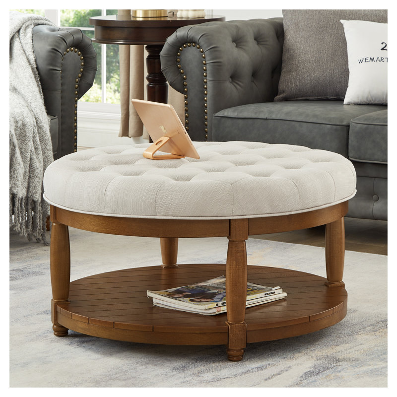 Grande table basse rembourrée capitonnée en lin gris anthracite, Gray, Brown Wood