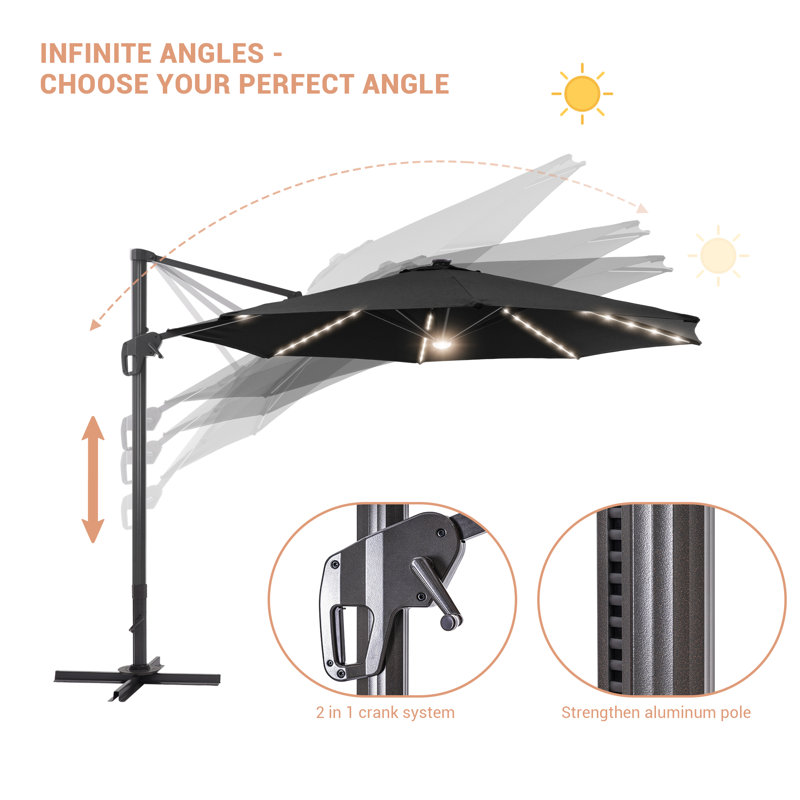 Parasol en porte-à-faux éclairé avec base à manivelle 132,3 po Shareny inclus, Noir