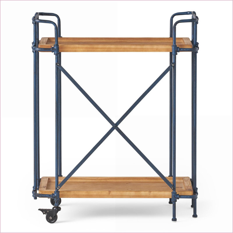 Chariot de bar brun noyer industriel à 2 niveaux avec roues | Bois et métal | Noyer brun