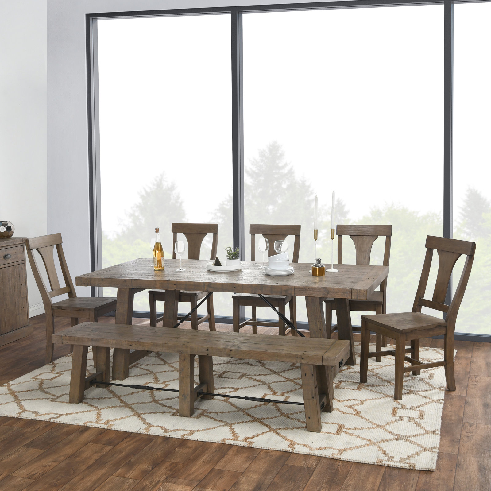 Acker Extendable Pine Solid Wood Dining Set, Distressed Brown