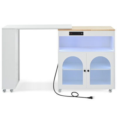 Îlot de cuisine sur roulettes 56,3 po Valencia avec table allongée, lumières DEL, prises de courant et portes en verre