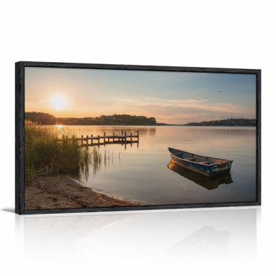 Blue Rowboat Near Wooden Dock And Reeds On Lake At Sunset Canvas Wall Art