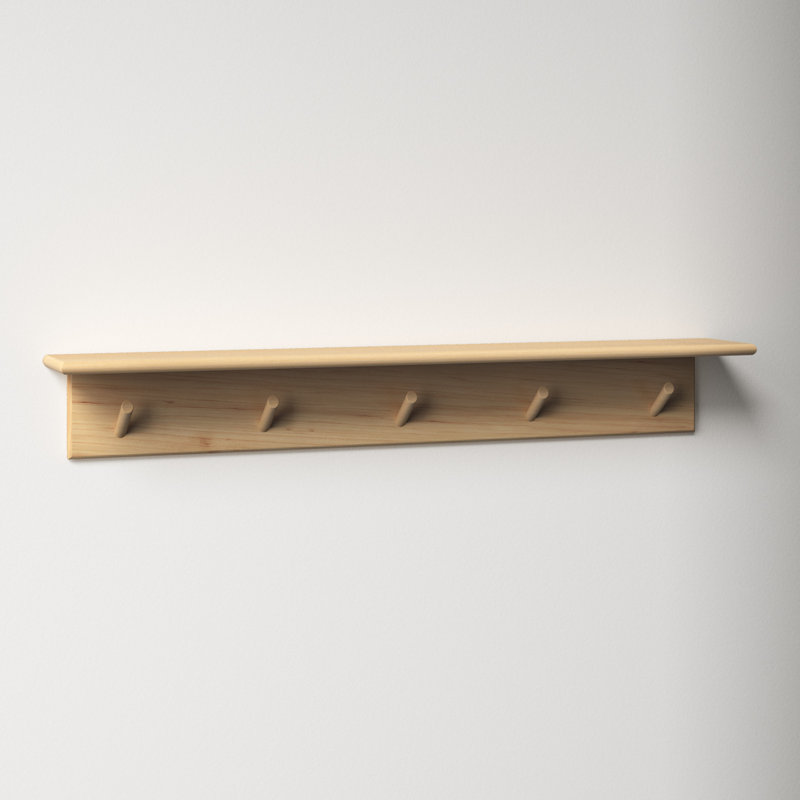 Shea Poplar Solid Wood Floating Shelf with Hooks, Natural