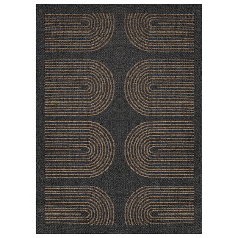 Geometric Border Dark Gray/Natural Easy-Care Jute-Style Indoor/Outdoor Flat Woven Area Rug, Rectangle 7'10" x 10', Dark Gray