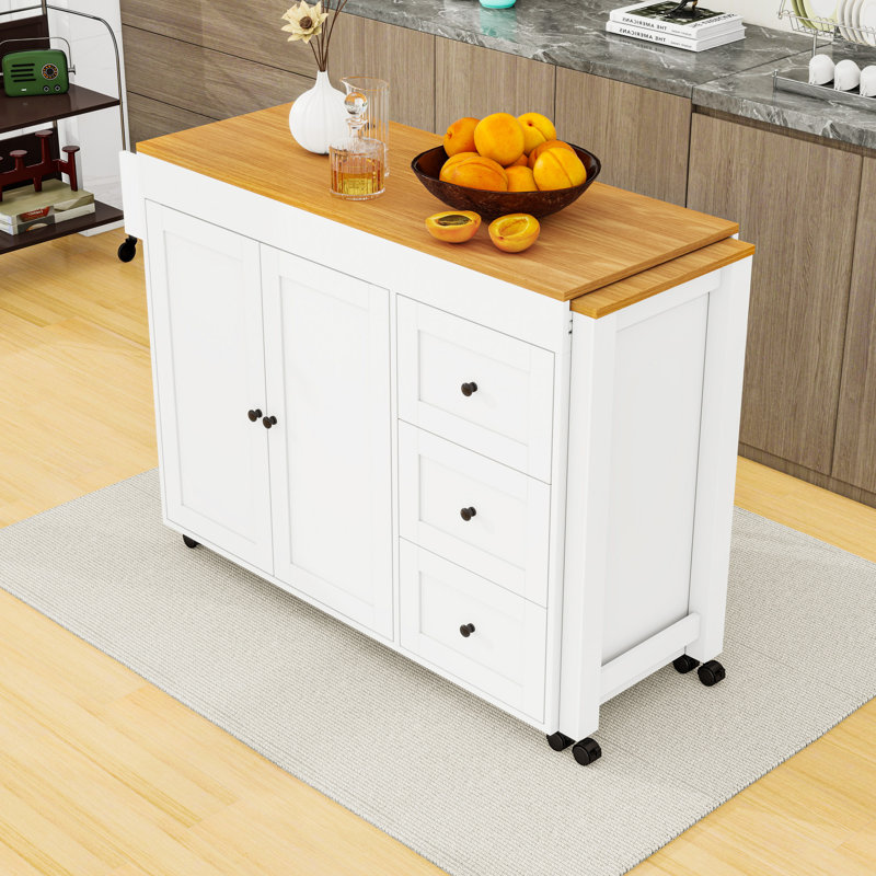 Rolling Kitchen Island Cart with Extendable Table, 3 Drawers, Storage Cabinet and Power Outlet, White