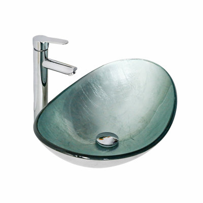 Bathroom Tempered Glass Sink, Vessel Bathroom Sink With Chrome Pop-Up Drain