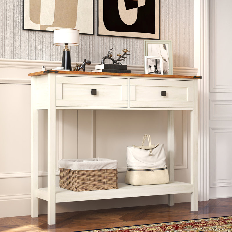 Farmhouse Style Console Table With 2 Drawer And Bottom Storage Shelf For Entryway, White