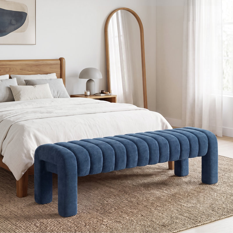 Banc rembourré sans dossier Oyan, H 17 po x l 63 po x P 17,3 po, Chenille bleu