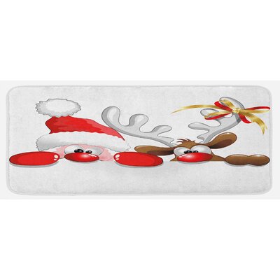 Funny Christmas Santa Claus And Reindeer Peeking Cartoon Style Humor Vermilion Caramel White Kitchen Mat -  East Urban Home, 5DFE37ECE55D49A08DB3EB70F5E20697