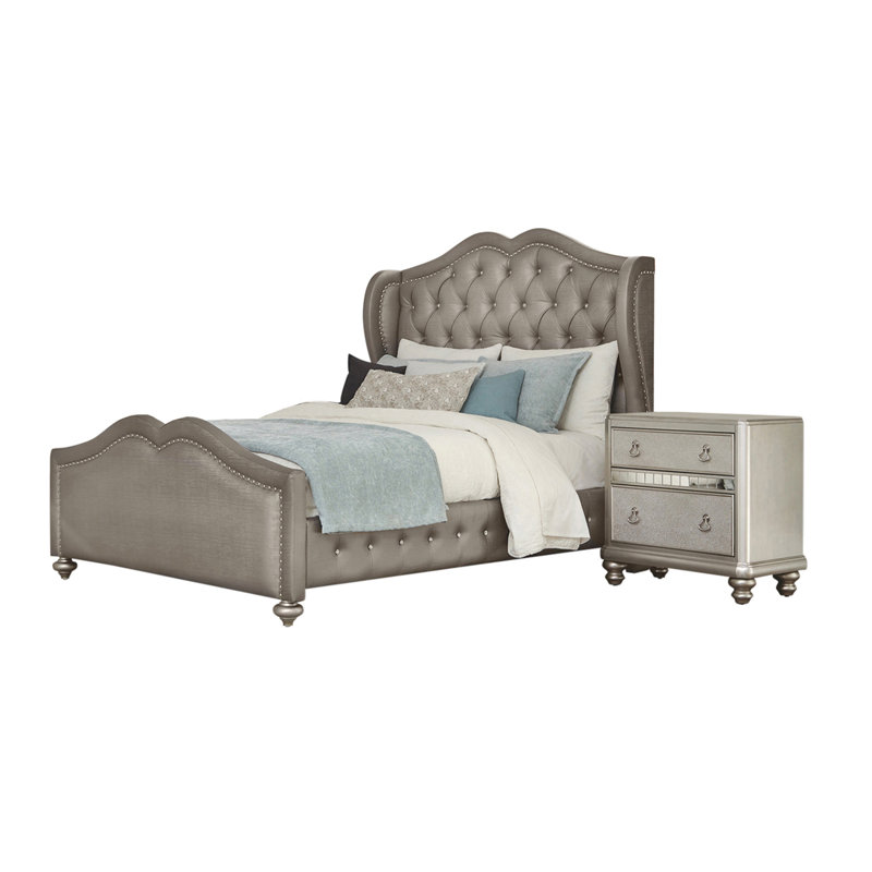 Ensemble de chambre à coucher rembourrée 2 pièces avec table de chevet Mirai, Très grand