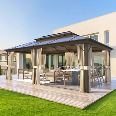 12' X 20' Polycarbonate Double Roof Gazebo - Aluminum Frame With Netting & Curtains