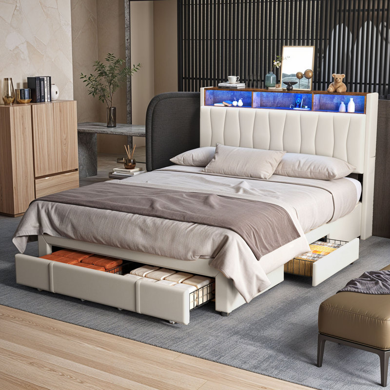 Upholstered Bookcase Storage Bed, King, White