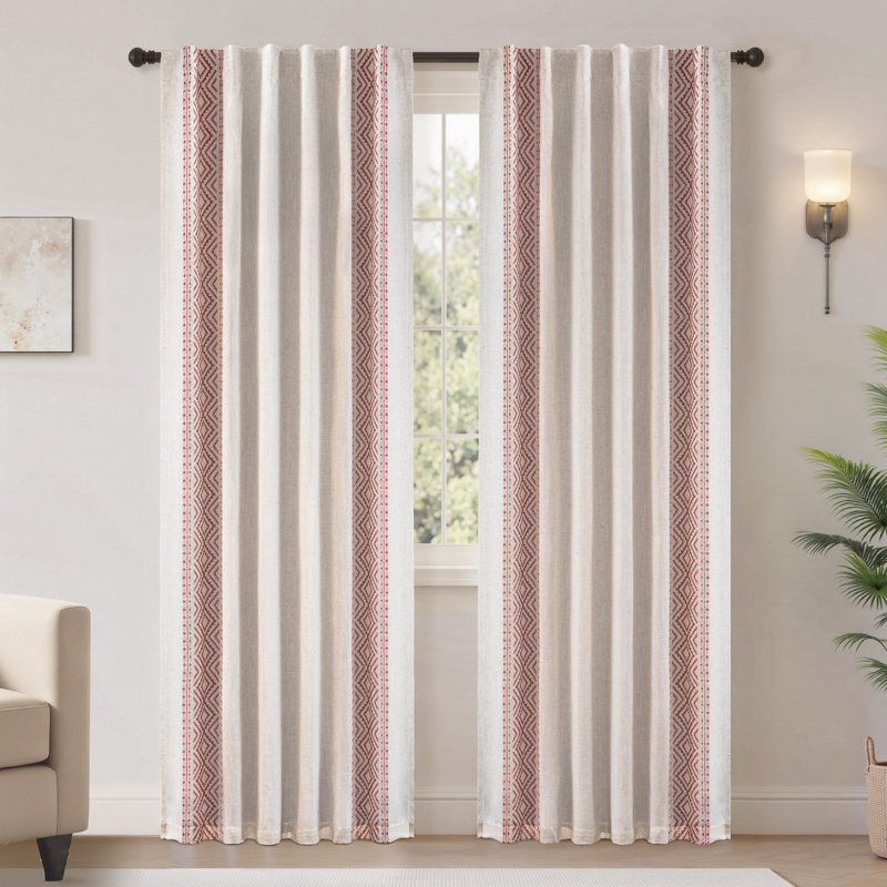 Rideaux occultant en lin Boho, L 52 po x L 84 po, Geo trim Red