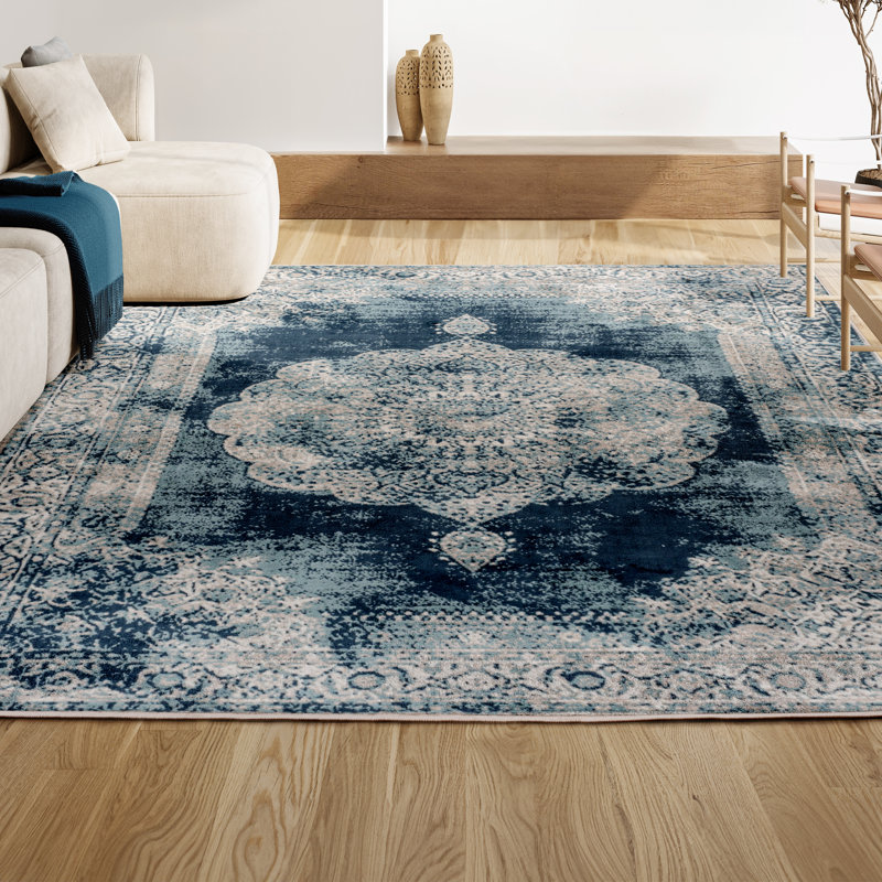 Rosalia Cottage Medallion Ivory/Blue Rug, Rectangle 5'3" x 7'7"