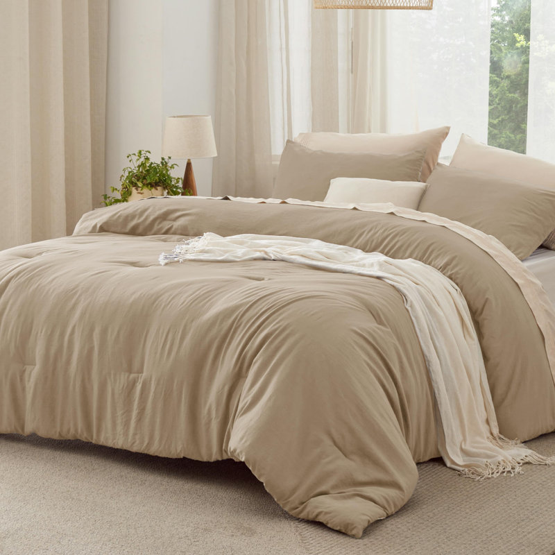Bedsure Reversible Prewashed Comforter Set, Khaki, Oversized Queen Comforter + 2 Standard Pillowcases