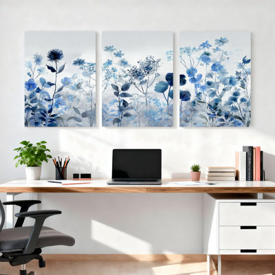 Aquarelle sur toile bleue bleue, ensemble de 3 reproductions de peinture à l'huile sur toile tendue pour salon