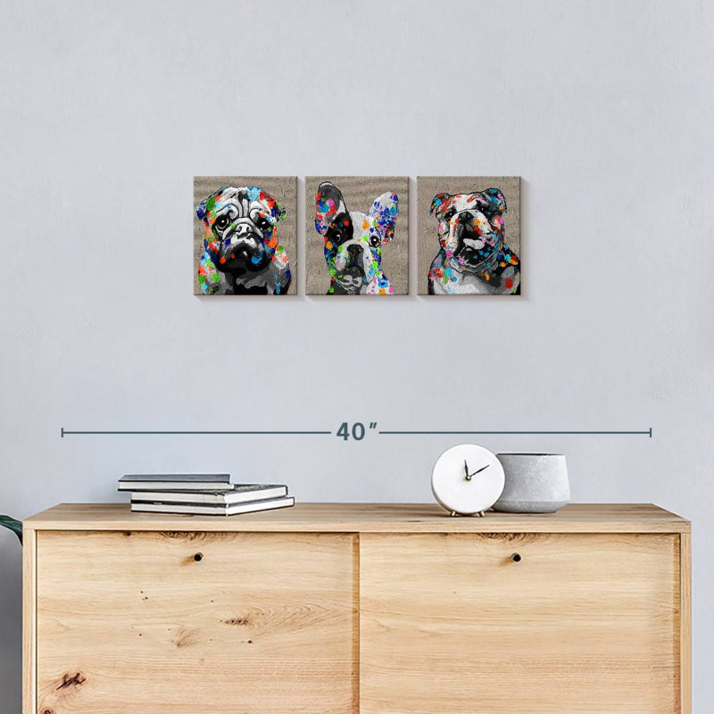 Bulldogs on Canvas, reproduction de 3 pièces, H 26 po x l 8 po x P 1 po