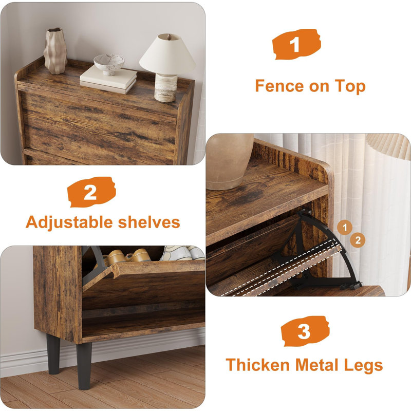 2-Flip Drawer Shoe Cabinet, Wooden Shoe Organizer with Adjustable Shelf, 18-24 Pairs Entryway Shoe Storage, Sturdy Shoe Cabinet for Hallway