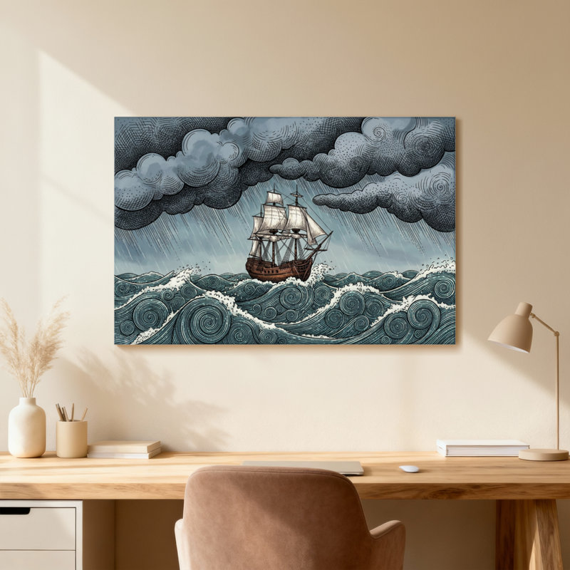 Stormy Seas Ship Sailing Waves Clouds Rain Wind Ocean, Wrapped Canvas, Does Not Apply, 20" H x 30" W