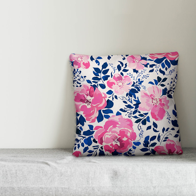Pink and Blue Floral Square Indoor/Outdoor Throw Pillow