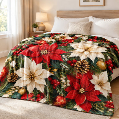 Festive Poinsettia Christmas Throw Blanket, Cozy & Decorative Plush Bed Blanket for Sofa Couch Bedroom Living Room Holiday Home Decor