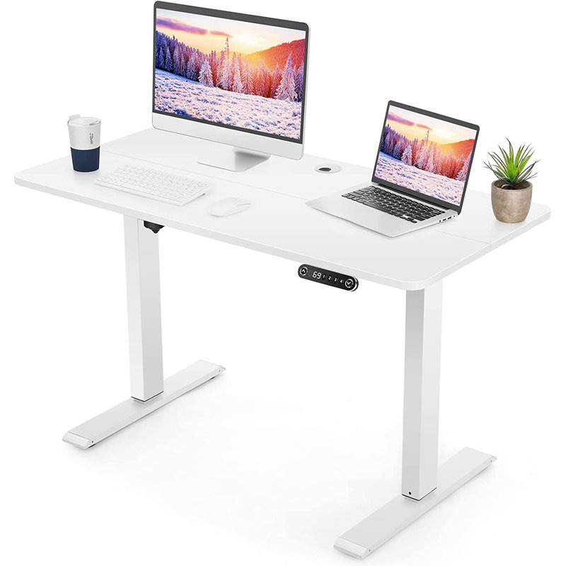 Hubing Electric Height Adjustable Standing Desk With 2 Usb Ports And 3 Power Outlets，4 Lockable Casters, 2 Hooks, Big Mouse Pad
