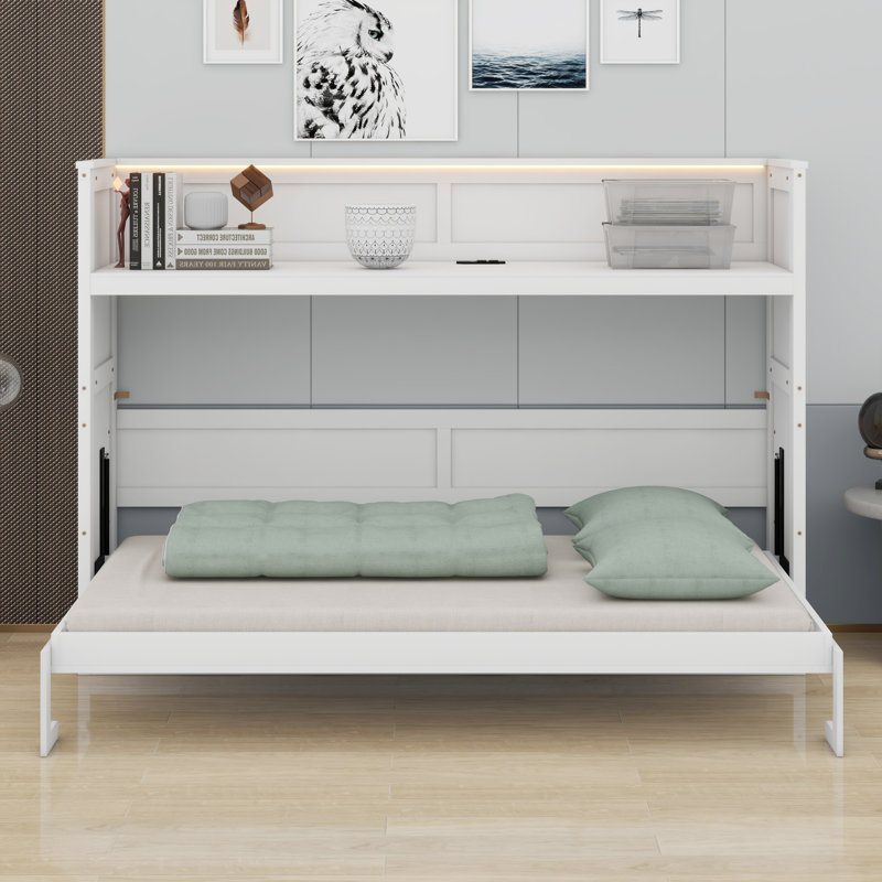 Murphy Bed With Desk,LED Light And USB Charging Station, Blanc