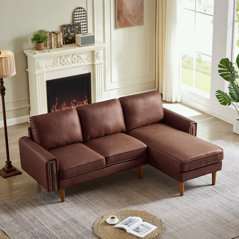 Trefann Upholstered 82.2'' Sofa & Chaise, Dark Brown Genuine Leather, Left Hand Facing