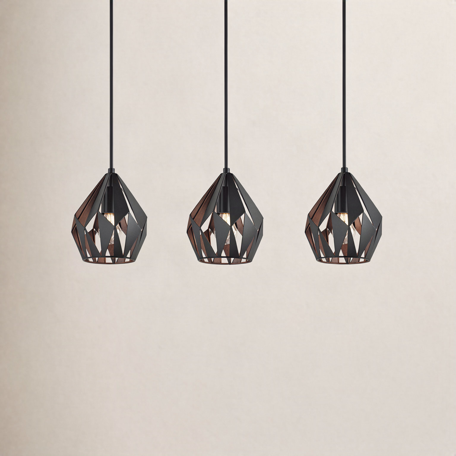 Birchard 3 Light Metal Dimmable Pendant, Copper