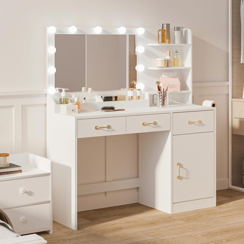Coiffeuse avec miroir lumineux et station de recharge, table de maquillage de 99 cm (39 pouces) avec 3 tiroirs, rangement et support pour sèche-cheveux, blanche, tabouret non inclus