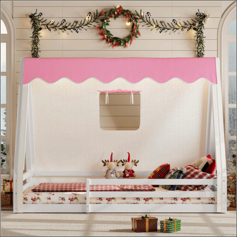 Lit de maison avec tente et lit de camp, Lit simple, Blanc / Rose